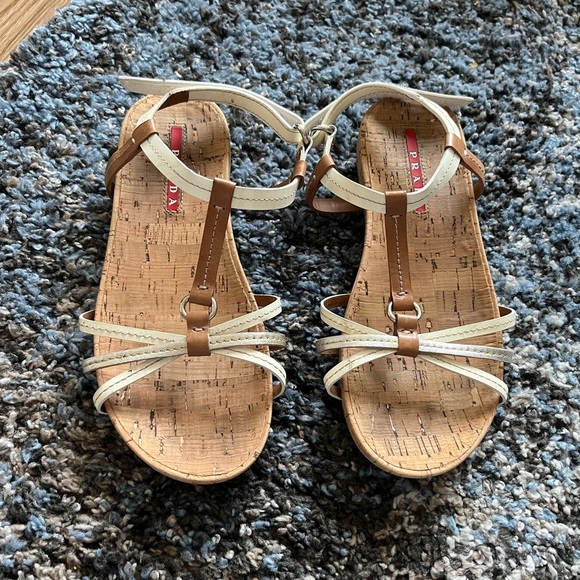 Prada Cork Tan White Sandals - Picture 1 of 3